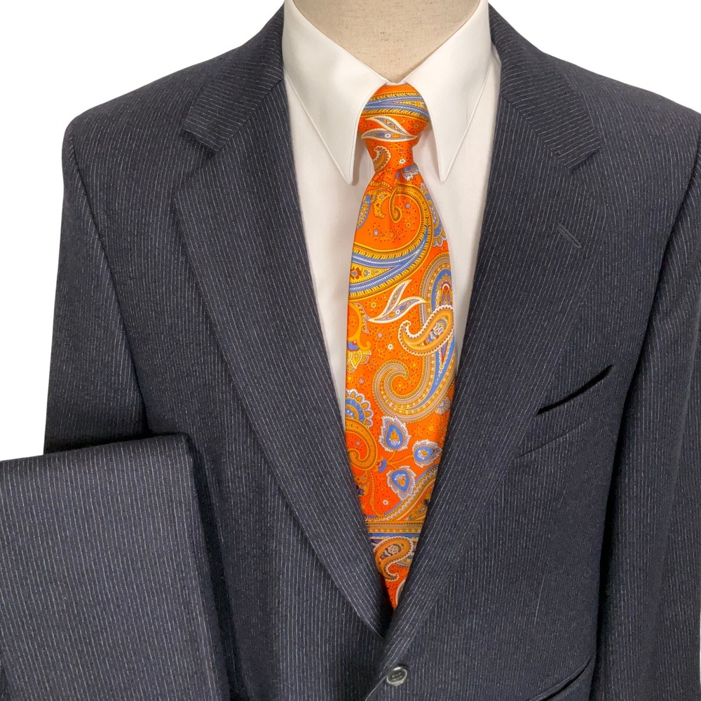 John Alexander Suit Mens 42S Navy Blue Pinstripe Office Flannel Winter Weight